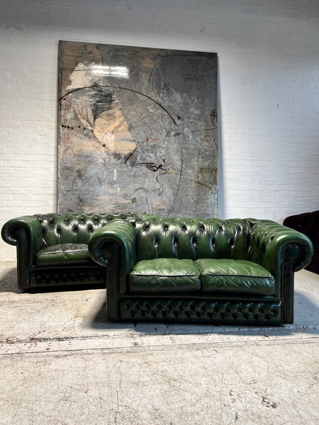 A Super Matching Pair of Leather Chesterfield 2 Seater Sofas in Forest Green