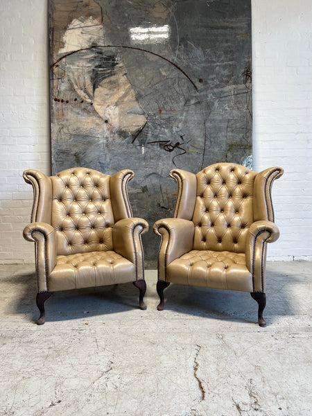 Very Smart Matching Pair of Leather Wing Chairs in Parchment