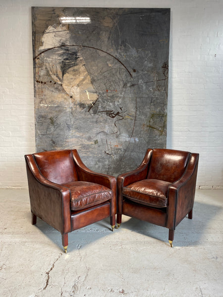 A Cool Pair of Armchairs in Hand Dyed Cognac Leathers