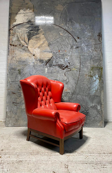 Priced Individually - A Striking Collection of Four Chesterfield Wing Back Chairs in Pillar Box Red