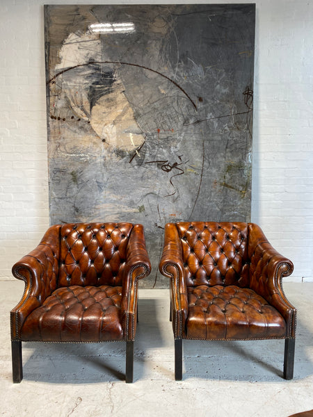 Beautiful Pair of MidC Library Chairs in Rustic Horse Chestnut Hand Dyed Leathers