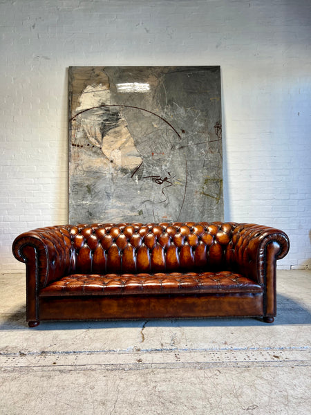 Exceptional MidC Vintage Leather Chesterfield Sofa in Hand Dyed Horse Chestnut