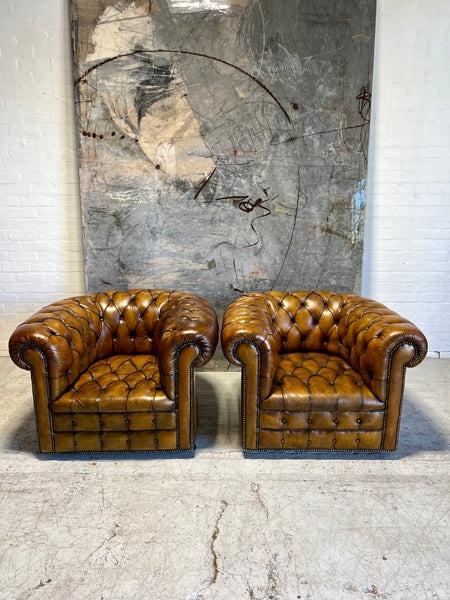 Amazing Matching Pair of MidC Leather Chesterfield Club Chairs (Full Suite Available)
