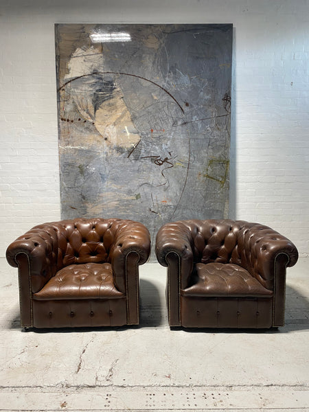 A Super Pair of Chesterfield Club Chairs in Brown