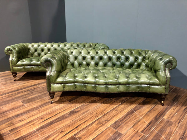 A Fine Pair of our Maria Chesterfield Sofas in Hand Dyed Grass Green