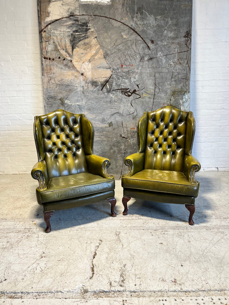 Stunning Pair of MidC Chesterfield Wing Back Chairs in Striking Olive Green