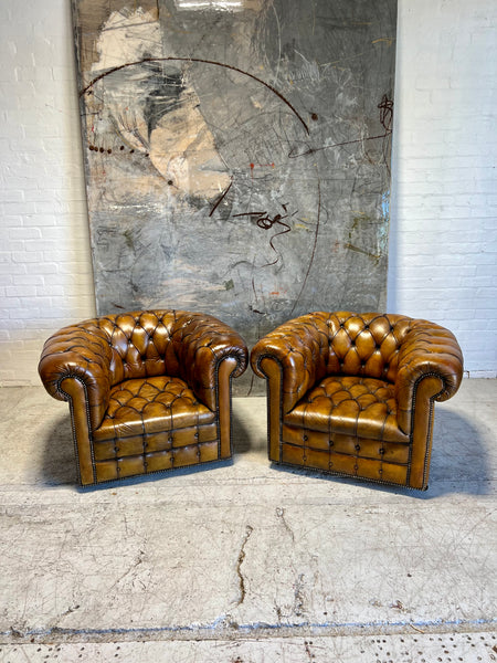 Amazing Matching Pair of MidC Leather Chesterfield Club Chairs (Full Suite Available)