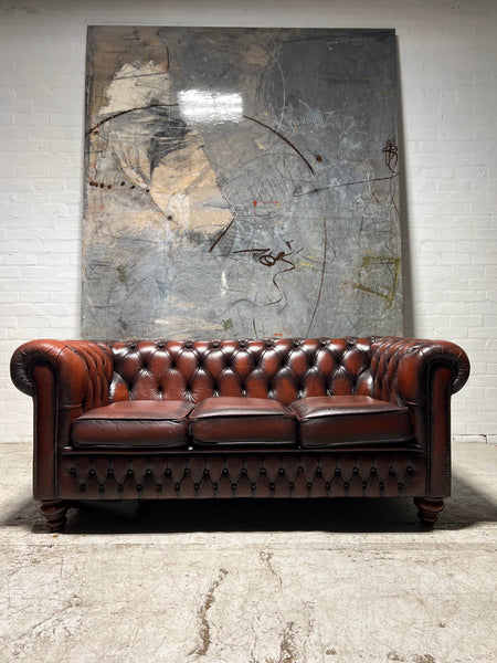 Pair Available - A Really Rich Deep Chestnut Leather Chesterfield 3 Seat Sofa