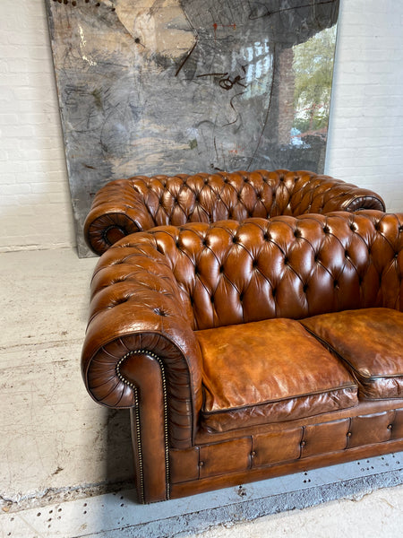 For our Cat Loving Clients A Strong Matching Pair of Good Vintage Leather Chesterfield Sofas