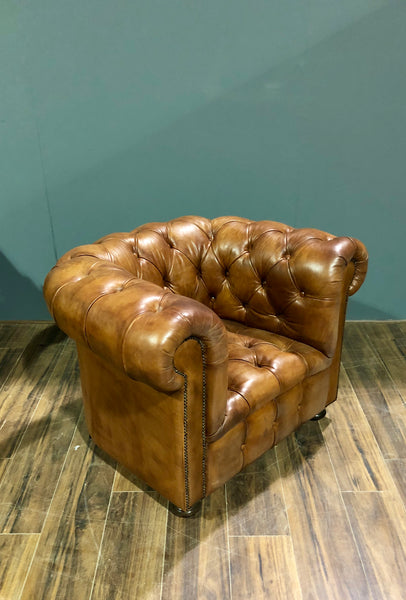 A Beautiful Early 20thC Restored Club Chair in Hand Dyed Saddle Tan