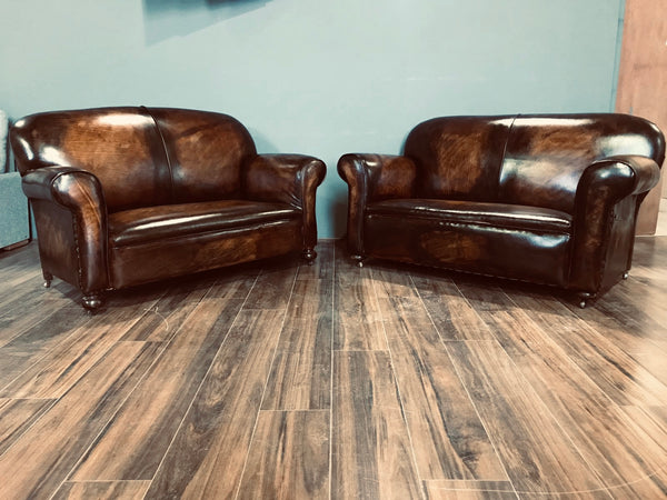 Super Pair of Fully Restored 1920’s Art Deco Club Sofas with Drop arms - Hand Dyed in Tobacco Browns