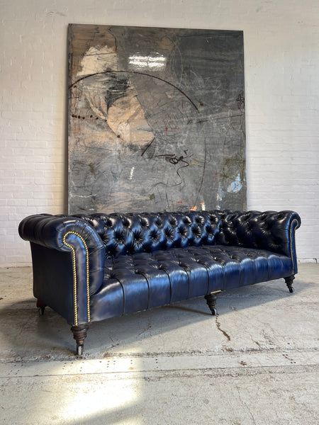 A Very Good 4 Seat Antique Victorian 19thC Chesterfield Sofa - Fully a restored in Hand Dyed Deep Ocean Navy Blue Leather