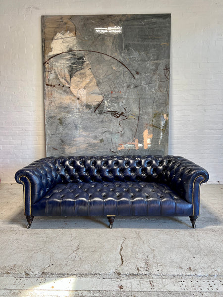 A Very Good 4 Seat Antique Victorian 19thC Chesterfield Sofa - Fully a restored in Hand Dyed Deep Ocean Navy Blue Leather