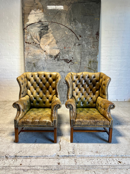 Amazing MidC Vintage Hand Dyed Leather Chesterfield Wing Back Chairs