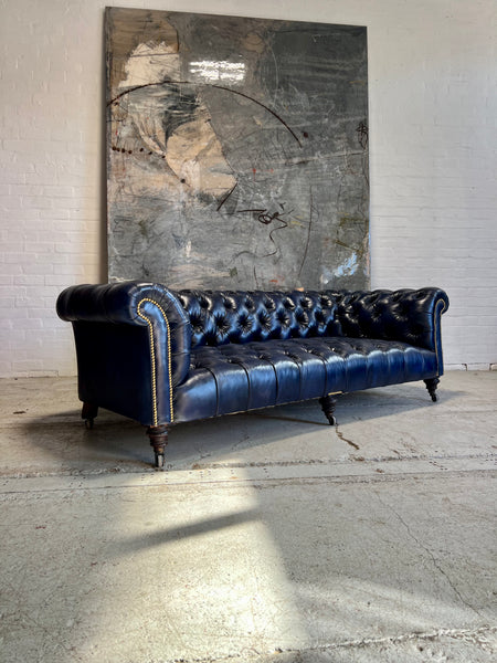 A Very Good 4 Seat Antique Victorian 19thC Chesterfield Sofa - Fully a restored in Hand Dyed Deep Ocean Navy Blue Leather