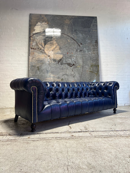 Excellent Antique 19thC Victorian Chesterfield Sofa - Fully Restored in our Hand Dyed Deep Ocean Leathers - 4 Seat