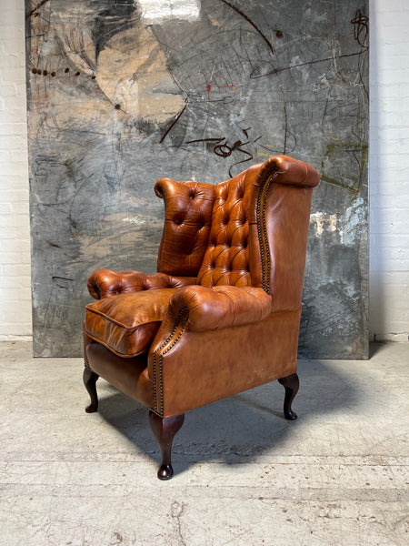 Beautifully Restored Gentleman’s Hand Dyed Leather Chesterfield Wing Back Chair