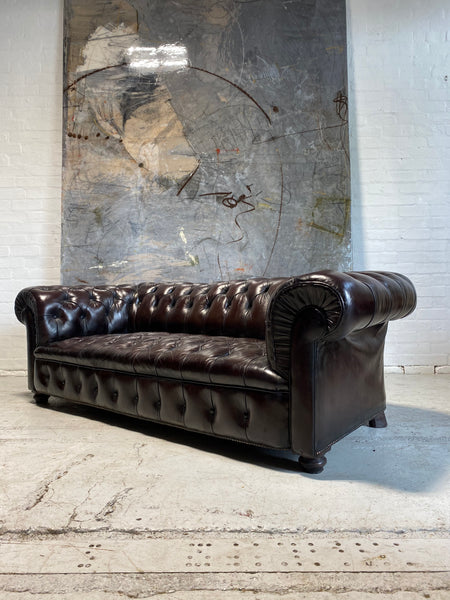 19thC Antique Leather Chesterfield Sofa in Aubergine