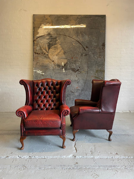 Lovely Matching Pair of Queen Anne Chairs in Raspberry Red Leathers