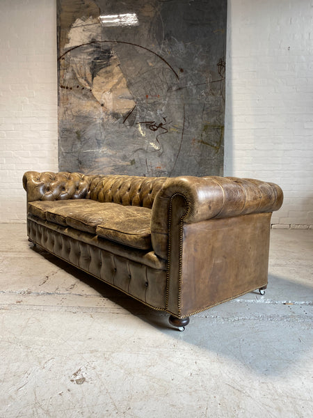 Huge Exceptional MidC Chesterfield Sofa in Walnut Husk Hand Dyed Leathers