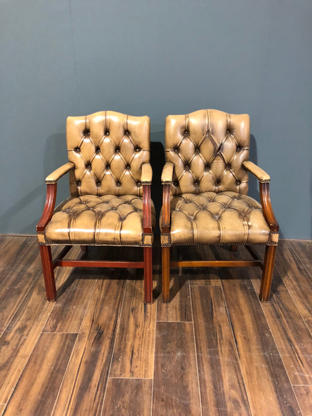 A Charming Pair of Side Chairs in Rustic Tan Leathers