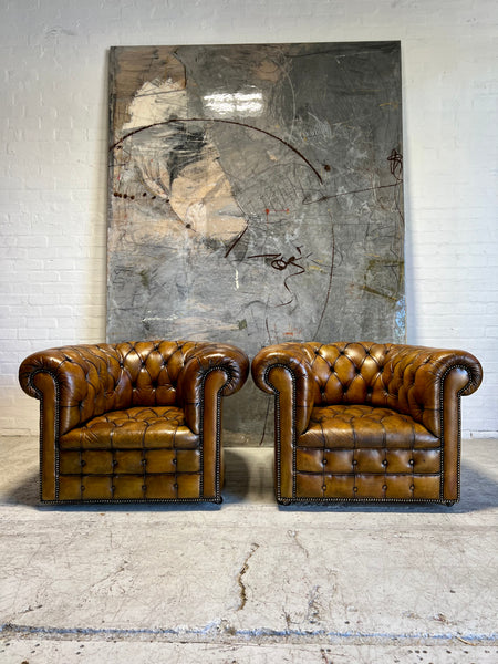 Amazing Matching Pair of MidC Leather Chesterfield Club Chairs (Full Suite Available)