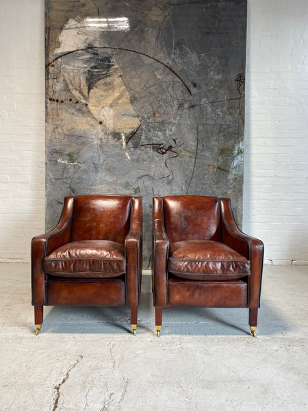 A Cool Pair of Armchairs in Hand Dyed Cognac Leathers