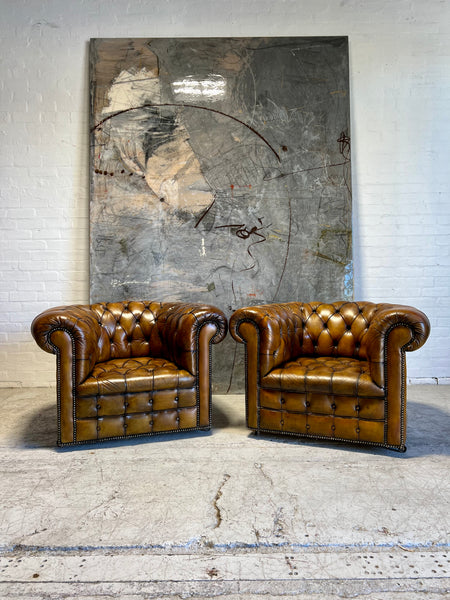 Amazing Matching Pair of MidC Leather Chesterfield Club Chairs (Full Suite Available)