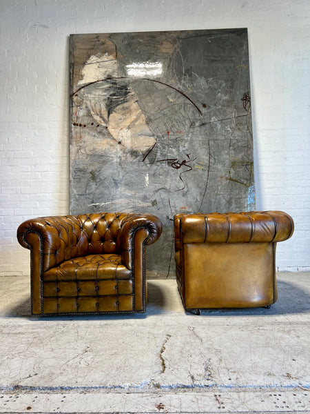 Amazing Matching Pair of MidC Leather Chesterfield Club Chairs (Full Suite Available)