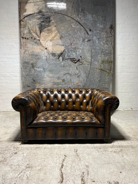 A Very Nice Twice Loved Vintage 2 Seat Leather Chesterfield Sofa in Dark Saddle Tan