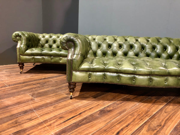 A Fine Pair of our Maria Chesterfield Sofas in Hand Dyed Grass Green