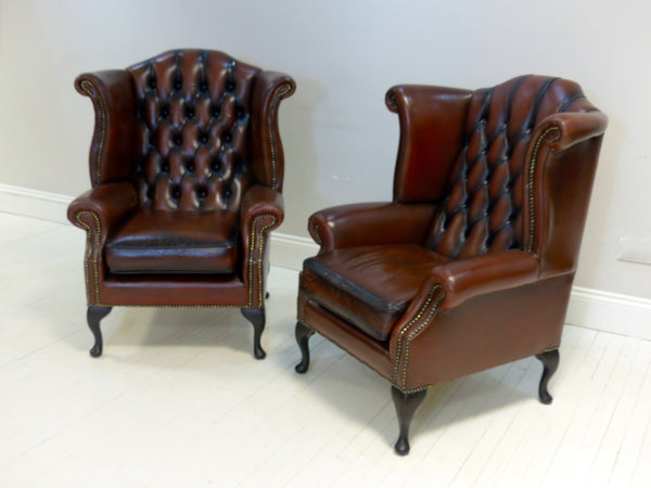 PAIR OF BROWN WING BACK CHAIRS : TO BE RESTORED