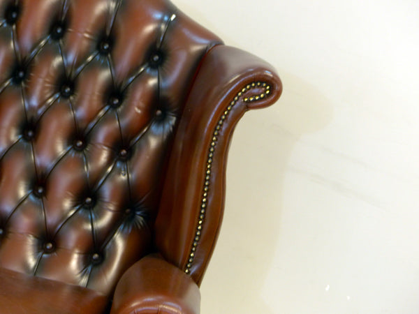 PAIR OF BROWN WING BACK CHAIRS : TO BE RESTORED