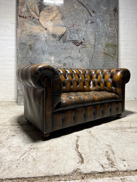 A Very Nice Twice Loved Vintage 2 Seat Leather Chesterfield Sofa in Dark Saddle Tan