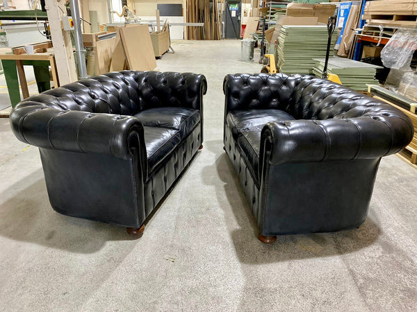 One of An Incredible Pair of MidC Hand Dyed Leather Chesterfield Sofas