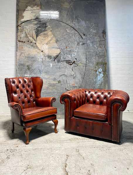 A Very Cool MidC Vintage Leather Chesterfield Suite in Burnt Red