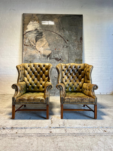 Amazing MidC Vintage Hand Dyed Leather Chesterfield Wing Back Chairs