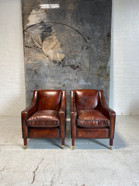 A Cool Pair of Armchairs in Hand Dyed Cognac Leathers