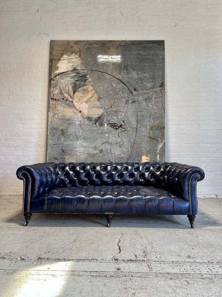 A Very Good 4 Seat Antique Victorian 19thC Chesterfield Sofa - Fully a restored in Hand Dyed Deep Ocean Navy Blue Leather