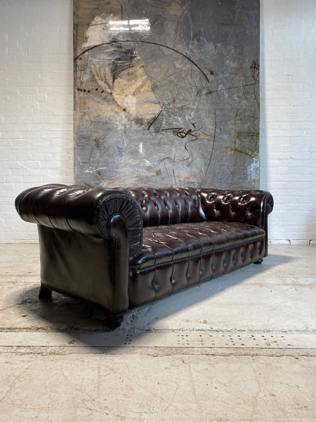 19thC Antique Leather Chesterfield Sofa in Aubergine