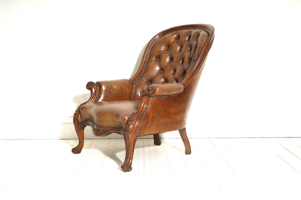 ANTIQUE BROWN LEATHER SLIPPER CHAIR : MID 19THC