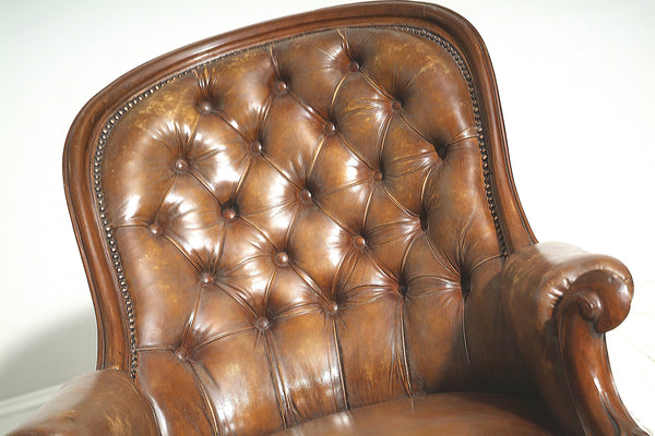 ANTIQUE BROWN LEATHER SLIPPER CHAIR : MID 19THC