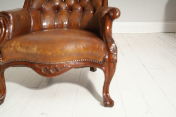 ANTIQUE BROWN LEATHER SLIPPER CHAIR : MID 19THC
