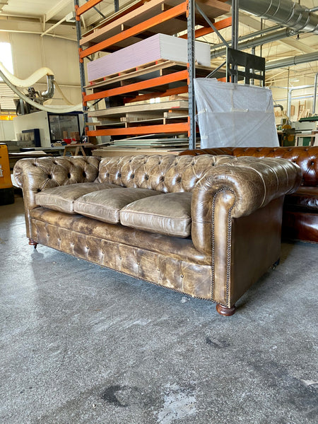 Exceptional Hand Dyed Leather Chesterfield Sofa in Chalk Brown