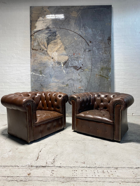 A Super Pair of Chesterfield Club Chairs in Brown