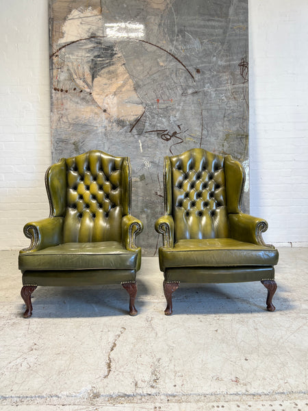 Stunning Pair of MidC Chesterfield Wing Back Chairs in Striking Olive Green