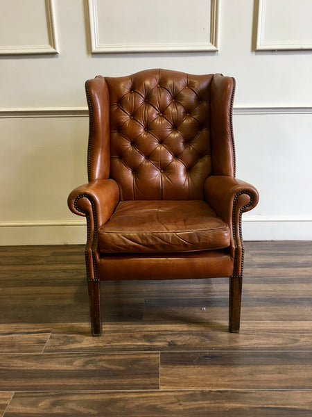 A Fantastic Vintage Leather Chesterfield Wing Back Chair in Tan