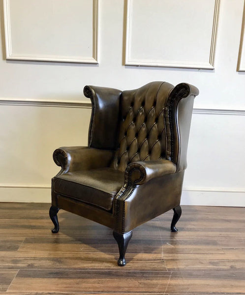 Saddle Tan Leather Wing Back Chair