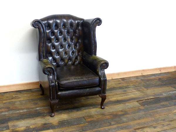 RUSTIC BROWN QUEEN ANNE WING BACK CHAIR