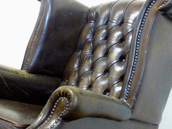 RUSTIC BROWN QUEEN ANNE WING BACK CHAIR